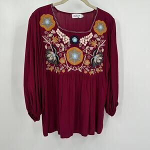 Bungalow 123 Women Top Size M Boho Embroidered Peasant Folk Festival Cottagecore